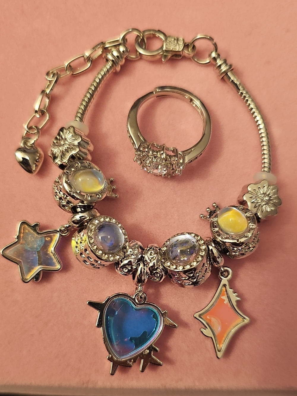 Iridescent Charm Bracelet - Adjustable Ring Included